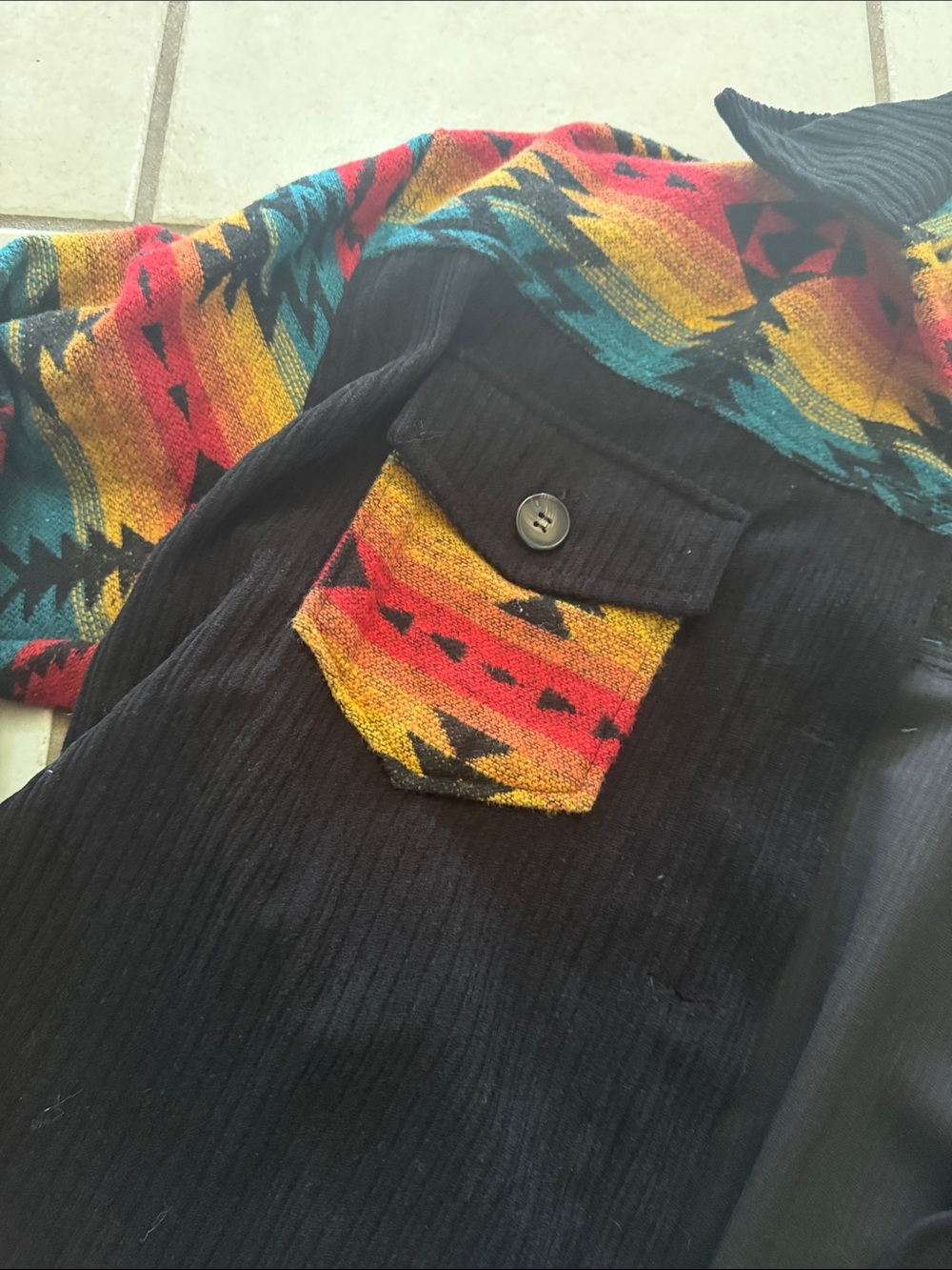 Boho Aztec Corduroy Shacket - Black with Multicolor Tribal Print - Picture 2 of 4